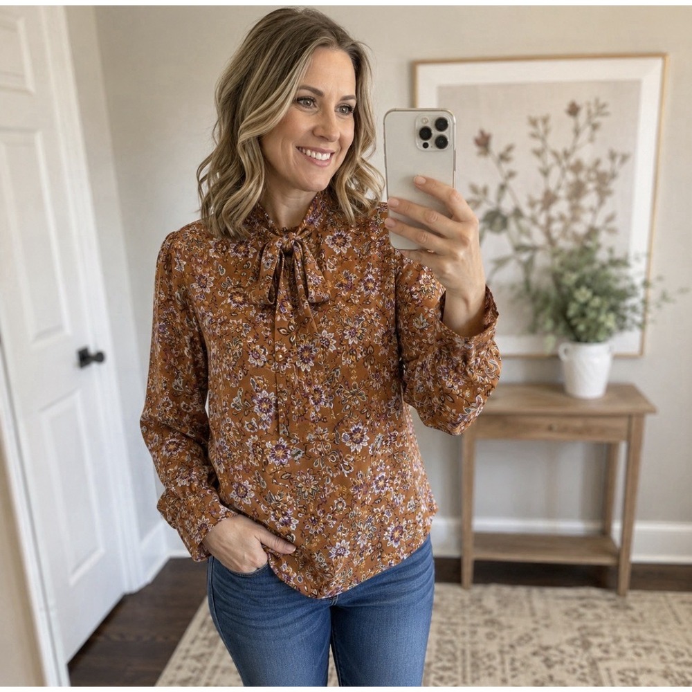LOFT Blouse Womens Large Multicolor Floral Tie Neck Long Sleeve Peasant Top